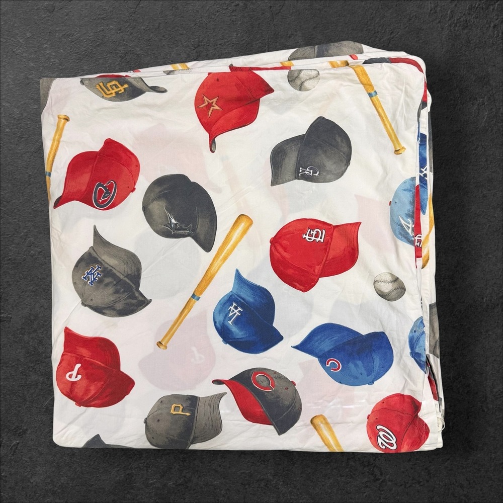 Pottery Barn Kids MLB Baseball Caps Organic Cotton Duvet Cover Full Queen White